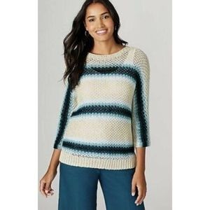 NEW J. Jill Linen & Cotton Striped Open Stitch Sweater Top Navy Blue Multi XS